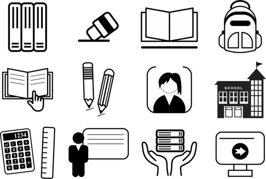 Editable black vector stroke line icons for education, seminar, online learning, webinar. school supplies, books, pens, pencils, erasers, computers, calculators, rulers and other school supplies.