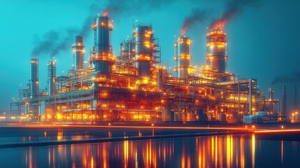 Night View of an Illuminated Oil Refinery Complex