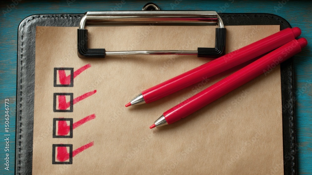 Poster clipboard with pen and checklist document representing internal audit file for comprehensive review 