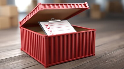 Red container with clipboard on it representing international shipment file concept for container with essential documentation