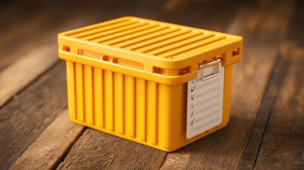Yellow box on wooden table representing international shipment file concept for container with comprehensive documentation