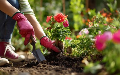 Fototapeta premium A woman planting flowers in her garden, wearing gardening gloves and holding a trowel with dirt on it. 