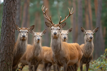 Fototapeta premium a group of deer standing in a forest