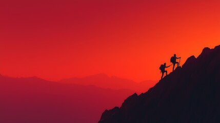 Obraz premium Powerful silhouette of hikers assisting each other's ascent during golden hour, minimalist landscape with vast text-ready sky