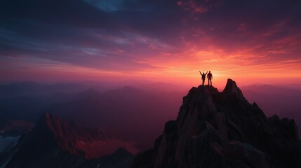 Two climbers triumphantly celebrating at mountain summit during vibrant sunrise, dramatic silhouette against colorful sky