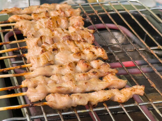 Grilled Skewers of Pork Cooking on a Metal Grill Over Charcoal Flames