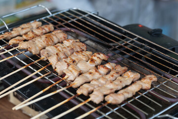 Grilled Skewers with Juicy Pork Cooking on a Charcoal Grill in Street Market
