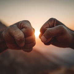 Obraz premium Vintage-Toned Portrait of Two Men Fist Bumping Against Sunrise Mountain Backdrop, Shallow Depth of Field, Copy Space Left, Masculine Bonding, Nature Connection