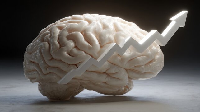 A human brain with a white arrow pointing upward symbolizing intelligence and growth in a neural income predictor concept