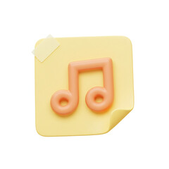 Aesthetic pastel yellow post-it note with a musical symbol, held by a piece of transparent tape, with a minimalist render style