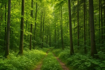 Fototapeta premium Serene Pathway Through Lush Green Forest Surrounded by Tall Trees and Vibrant Foliage in Tranquil Nature Setting