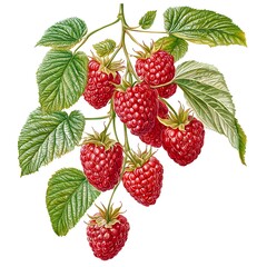 Detailed vibrant illustration of a ripe raspberry plant with lush green leaves and multiple clusters of bright red raspberries hanging from the stems