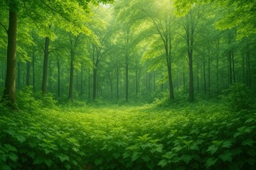 Fototapeta premium Serene Sunlit Forest Landscape, Lush Green Foliage, Peaceful Nature Scene, Tranquil Woodland Environment, Vibrant Vegetation, Gentle Light Filtering Through Trees