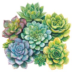 Colorful array of succulents with various shapes and shades, vibrant green, purple, blue, yellow, and pink succulent plants in artistic watercolor style
