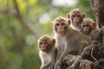 Naklejka premium a group of monkeys sitting on top of a tree