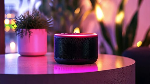 Small black smart speaker glowing on wooden desk with candle light. 