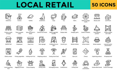 Local Retail icons set with stationery, incense, textiles, condiment, soap, tea, fabric, national design motifs, beauty aisle, local snack icon. Simple line vector 
