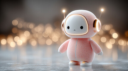 A minimalistic, shiny and cute modern robot stands in a clean setting with a blurred background. Designed with simplicity and charm, with ample blank caption space on the side.
