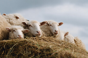 Obraz premium a group of sheep standing on top of a pile of hay
