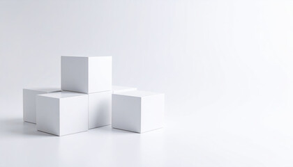 Obraz premium Minimalist white background featuring five geometric cubes artfully scattered, creating clean, modern, and serene composition with soft lighting and subtle shadows