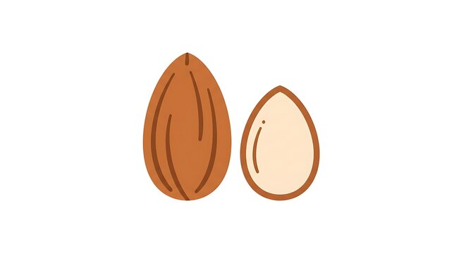 A minimal icon style vector of an almond nut and half cut almond, centered on a plain white background
