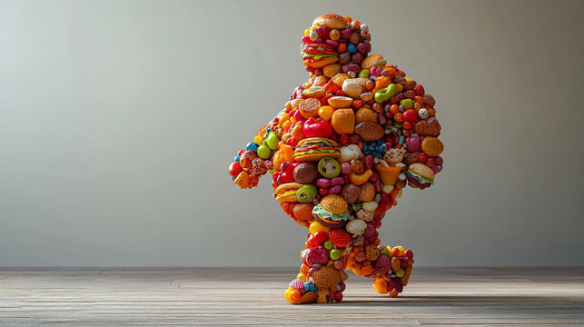 A 3D human figure composed of various fast foods stands against a light background, visually representing obesity and the impact of unhealthy eating. Space on the side available for messaging.

