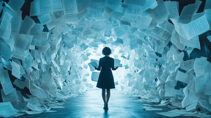 A lone figure walks through a tunnel of swirling documents, symbolizing the complex journey of financial audits and tax filing. Dynamic motion and paper chaos reflect stress and determination.