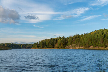 Lake Ladoga near the village Lumivaara on a sunny autumn day, Ladoga skerries, Lakhdenpokhya, Republic of Karelia, Russia