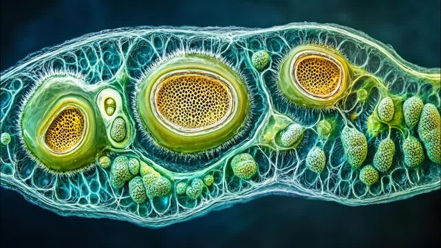 Colorful microscopic view of cell membranes and organic shapes. 