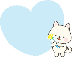 黄色いバラの花束を持つ白い柴犬とハートフレーム