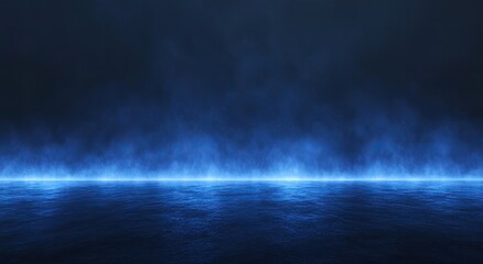 A dark, dramatic scene with a luminous, blue haze.  A reflective floor, bathed in a misty, ethereal light