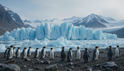 Penguin Gathering by Iceberg: A colony of penguins stands together on the edge of an icy terrain, gazing towards a massive iceberg as the mountain stands in the background.