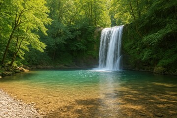 Fototapeta premium Serene Waterfall Cascading into Crystal Clear Pool Surrounded by Lush Green Trees in Tranquil Forest Setting