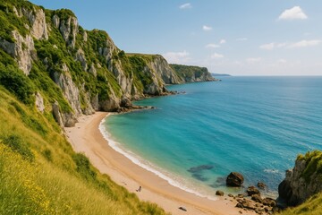 Fototapeta premium Scenic View of Coastal Cliffs and Serene Beach with Turquoise Water Under a Clear Blue Sky on a Sunny Day in Nature's Wonderland