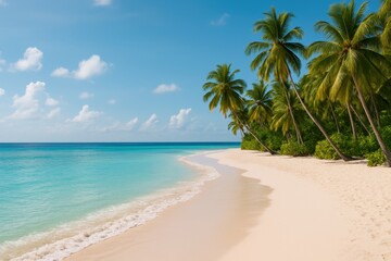 Fototapeta premium Serene Tropical Beach with Palm Trees and Clear Blue Water under a Bright Sky