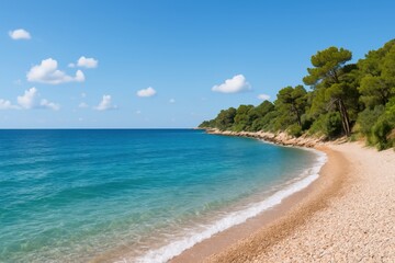 Fototapeta premium Tranquil Coastal Scene with Clear Blue Water, Sandy Beach, and Lush Green Trees under a Bright Blue Sky Perfect for Relaxation and Nature Photography
