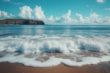 Naklejka premium Ocean waves on sandy beach, cliff backdrop, sunny day, travel