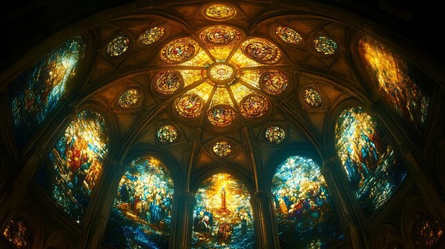Beatitudes stained-glass, eight luminous scenes, each virtue symbolized with vivid imagery, flowing patterns, golden accents. Background of cathedral ceiling, warm light, delicate tracery.