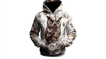 White hoodie with an owl and mechanical design