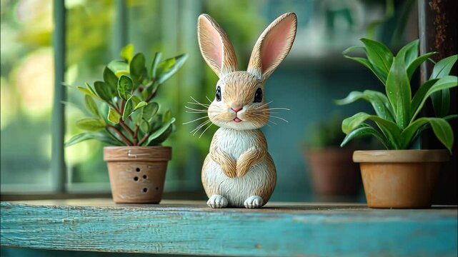 Ceramic bunny figurine near mini plants on bright indoor shelf. 