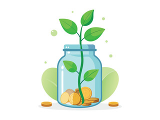 Growing money plant in glass jar illustration isolated on white background
