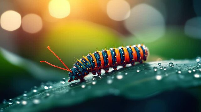Colorful caterpillar with orange and blue antenna crawling on green leaf with water droplet close up, showing natures delicate beauty and vibrant insect life in soft sunlight