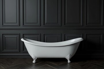 Elegant white bathtub in a dark, paneled bathroom.  A vintage-style tub sits on a rich dark hardwood floor against a dramatic black wall with decorative molding