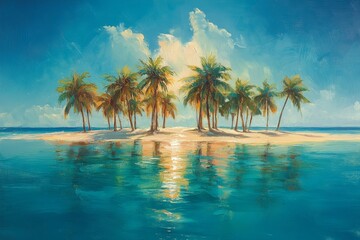 Naklejka premium Tropical island paradise sunset; calm ocean, palm trees