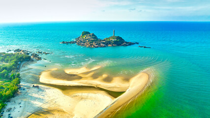 Aerial view of sea Mui Ne, Vietnam see the whole bay of Ke Ga from north to south shore very large with sea waves, ships, reefs, ancient lighthouse is tourism potential Status of Vietnam.