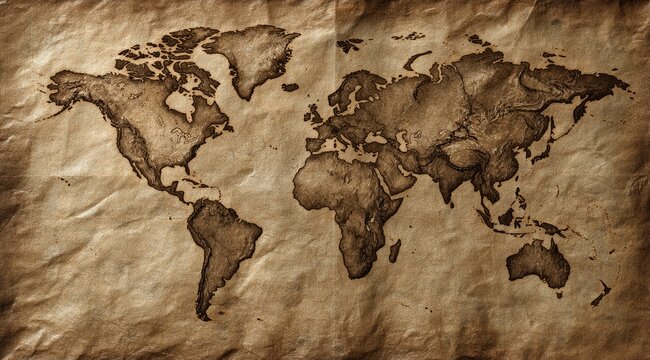 Aged world map imprinted on creased, parchment-like paper, exhibiting a sepia tone and burn-like edges, suggesting age and history