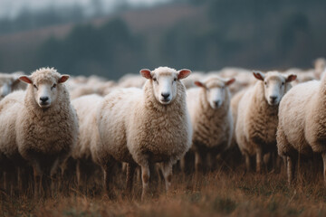 Obraz premium a herd of sheep standing on top of a grass covered field