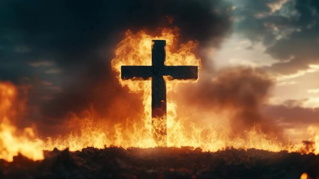 Dark cross amid intense fire, flame, and smoke under dramatic dark cloudy sky, creating powerful and intense landscape filled with fiery energy and contrast