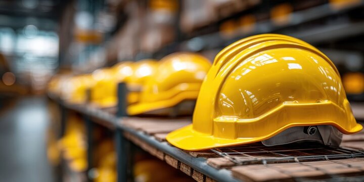 Yellow Safety Helmet on Shelf with Warehouse Background for Workplace Safety Campaign - Powered by Adobe