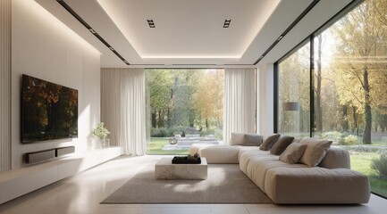 Sunlit minimalist living room with expansive windows showcasing an autumnal landscape, featuring a low-slung sofa, coffee table, and integrated media system